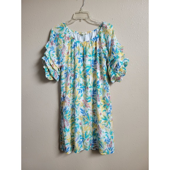 indigo Rose Dresses & Skirts - Indigo Rose Dress White Floral Colorful Tropical Tier Puff Sleeve Lined Beachy S